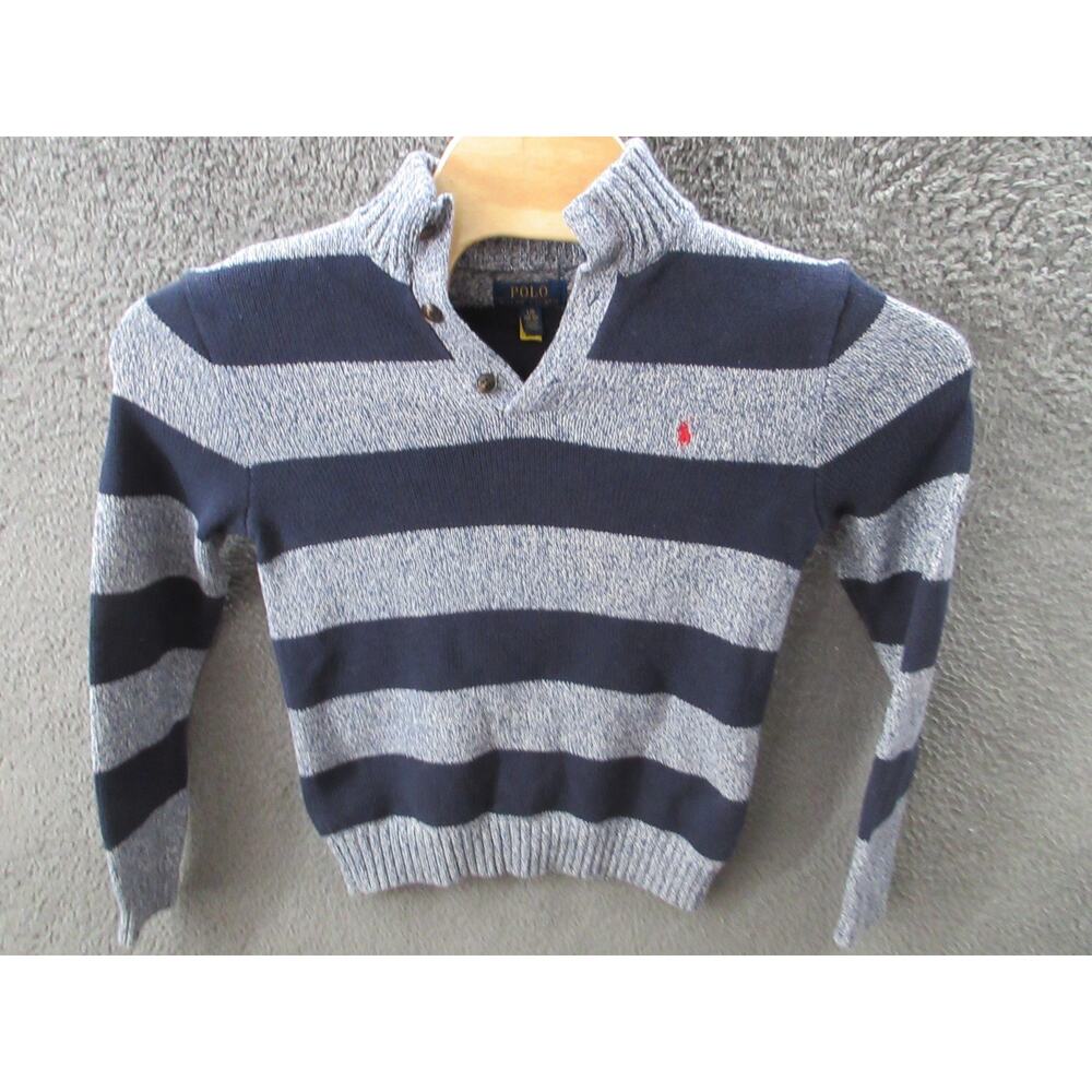 Polo Ralph Lauren Navy BLUE Striped Mock Neck Button Sweater Size Youth Large